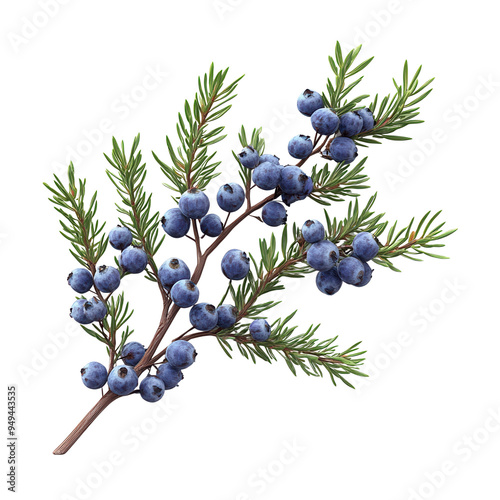 Close-up of a juniper branch with vibrant green needles and clusters of dark blue berries, isolated on a white background.