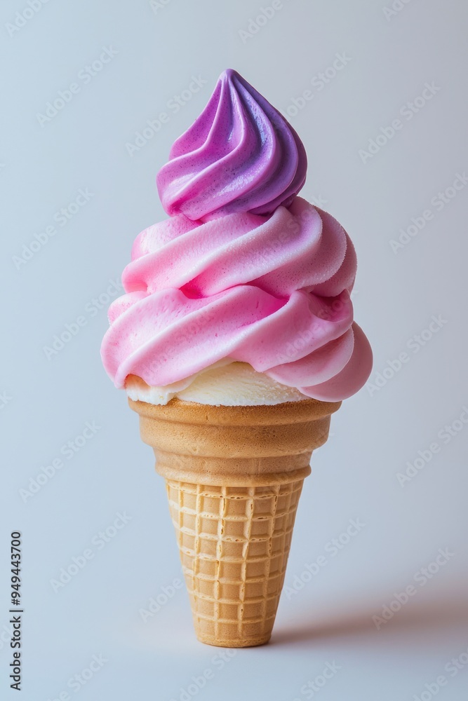 A colorful soft-serve ice cream cone with a swirl of pink and purple flavors. A colorful soft-serve ice cream cone with a swirl of pink and purple flavors.