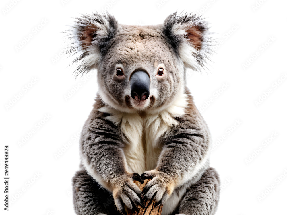 Fototapeta premium koala or koala bear - Phascolarctos cinereus - is an arboreal herbivorous marsupial native to Australia. Relaxed and looking towards camera, cute cutout on transparent background 