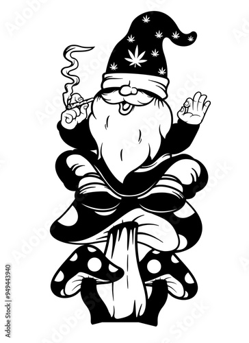 Gnome Weed | Gnome on High | Smoking Weed Gnome | Mushrooms under Gnome | Weed Addiction | 420 | Cannabis | Smoking Blunt | Original Illustration | Vector and Clipart | Cutfile and Stencil