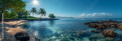 Tranquil and Picturesque Tropical Island Beach Landscape with Turquoise Waters and Lush Palm Trees