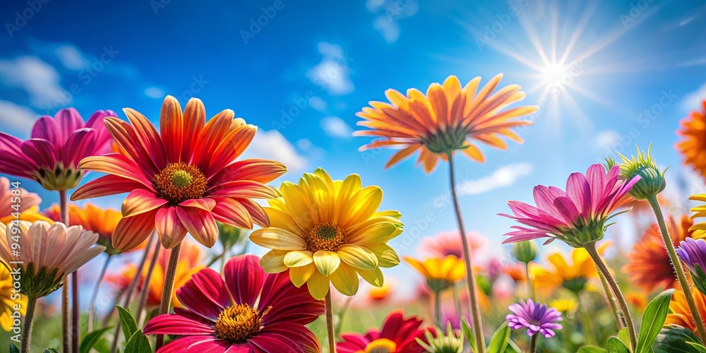 Close up of vibrant flowers with soft lights and a clear blue sky in the background Close up of vibrant flowers with soft lights and a clear blue sky in the background