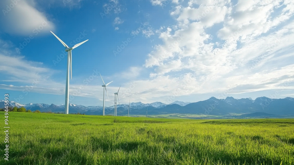 Wind Turbines in a Green Field with Mountains in the Background. Wind Turbines in a Green Field with Mountains in the Background.