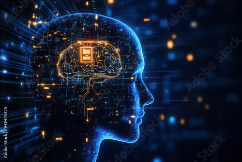 Human brain with implanted neural ink chip implanted, Neural connection to computer, Neuro engineering. neuralink concept photo