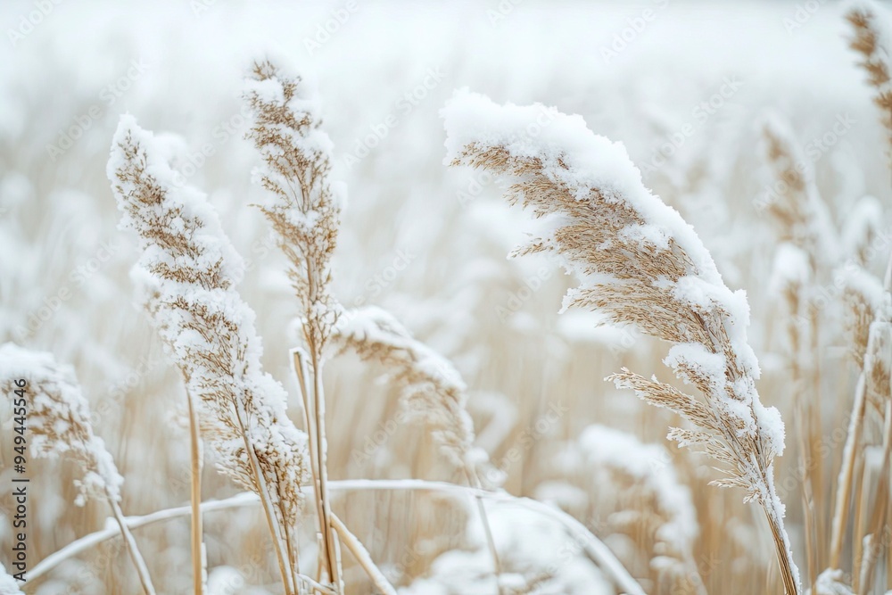 Fototapeta premium Tall dried crops under the snow. Winter season, snow lies on dried grass. Under the weight of snow, the grass bent down. Cold weather. Low temperature. Generative ai