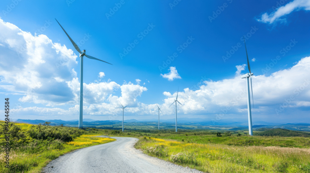 Wind Turbines on a Hilltop with Blue Sky and White Clouds. Wind Turbines on a Hilltop with Blue Sky and White Clouds.
