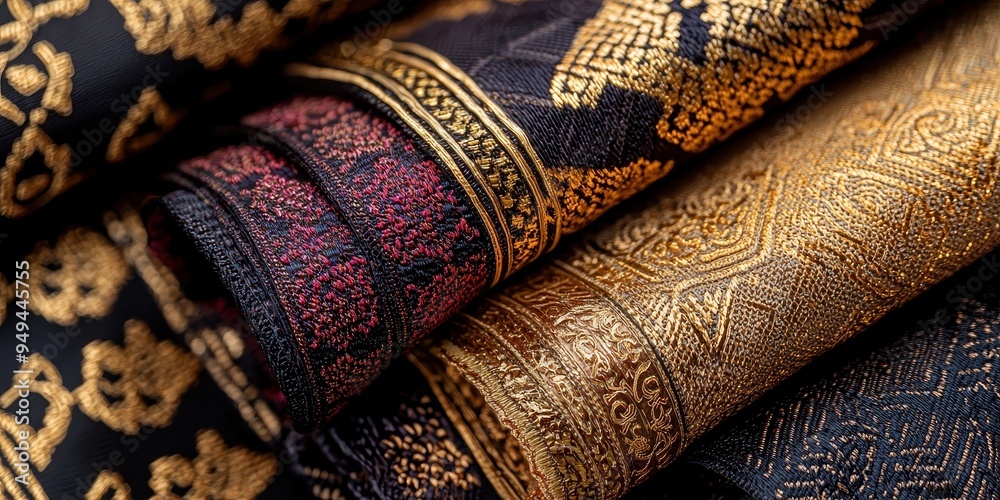 Closeup of Gold and Black Fabric with Intricate Patterns Closeup of Gold and Black Fabric with Intricate Patterns