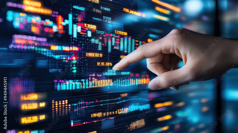 Hand Interacting with Financial Data on Digital Screen