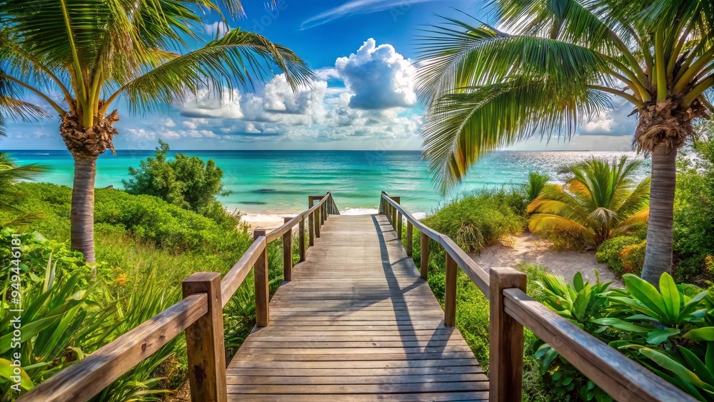 Fototapeta premium Accessible beach walkway leading to turquoise ocean surrounded by tropical plants, ideal for summer relaxation