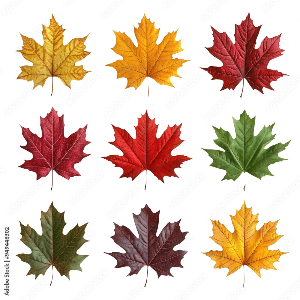 Obraz premium Collection of nine colorful autumn leaves displayed in three rows. Vibrant shades of red, yellow, orange, green, and brown.