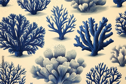Fototapeta Naklejka Na Ścianę i Meble -  A blue and white painting of coral reefs with many different types of coral