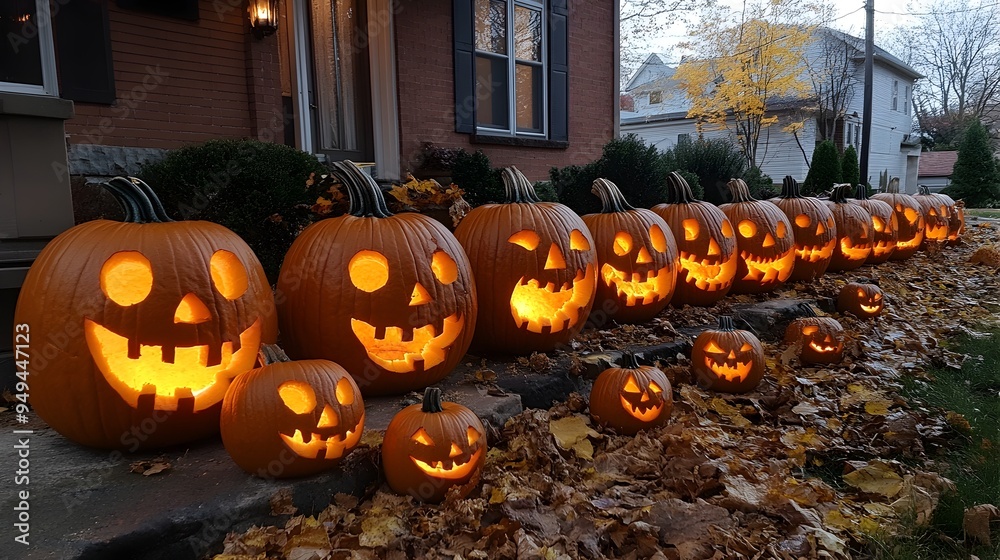 Obraz premium A Row of Jack-o'-Lanterns Glowing in the Autumn Night