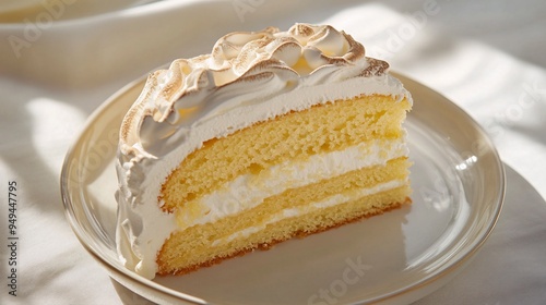 A vanilla cake with a lemon curd filling and a light meringue topping for sale