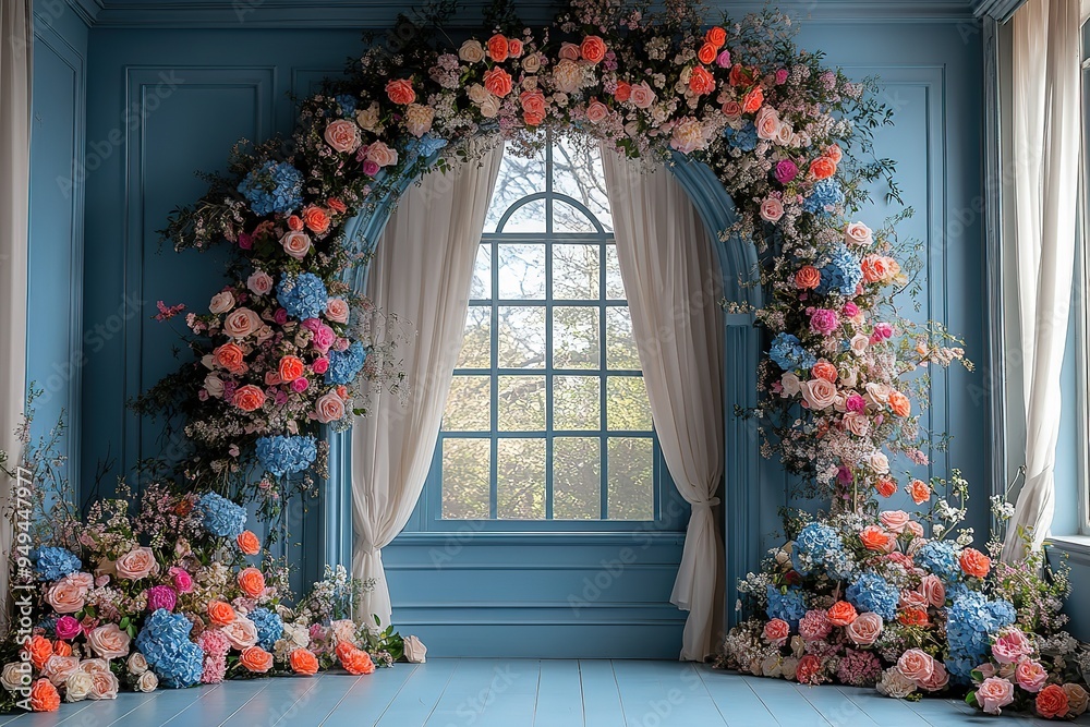 Fototapeta premium A blue room with a large archway of flowers and a window