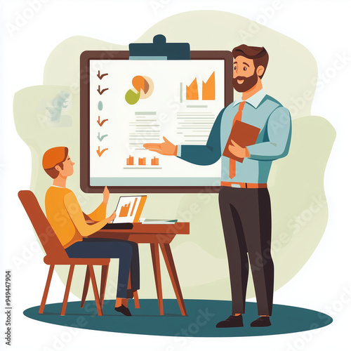 The image you upload depicts a meeting or presentation situation in an office environment, with friendly and happy people talking and presenting data with charts and graphs displayed on a large screen