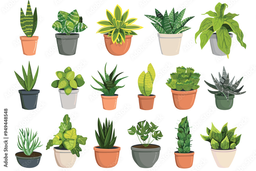 Obraz premium Different plant collection in pot for home decoration, isolated on a white background. Plant in pot vector illustration flowerpots set. Vector Set of different houseplants in flower pots