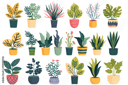 Different plant collection in pot for home decoration, isolated on a white background. Plant in pot vector illustration flowerpots set. Vector Set of different houseplants in flower pots