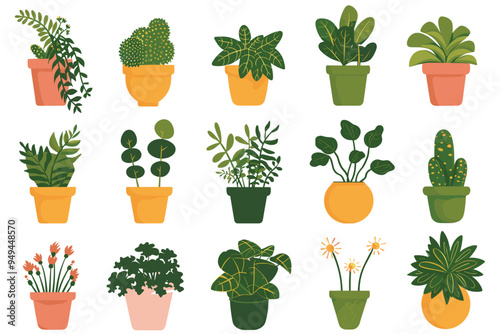 Different plant collection in pot for home decoration, isolated on a white background. Plant in pot vector illustration flowerpots set. Vector Set of different houseplants in flower pots