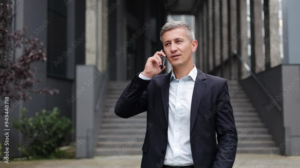 Serious mature businessman in a suit is having a serious conversation on his smartphone. Busy person standing outside a modern office building Concepts of business, communication, technology, success. Serious mature businessman in a suit is having a serious conversation on his smartphone. Busy person standing outside a modern office building Concepts of business, communication, technology, success.