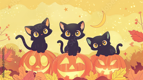 Adorable Black Kittens Sitting on Jack-O'-Lanterns with Autumn Leaves and Moonlight