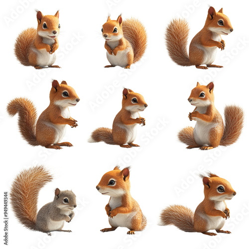 Cute cartoon squirrels in various poses. Adorable animated characters perfect for children's designs and illustrations.