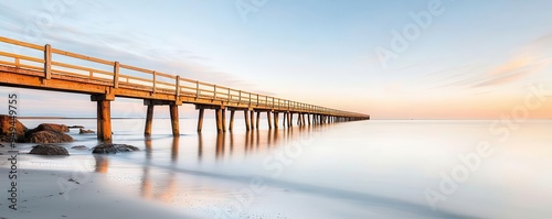 A long wooden pier at low tide, with the ocean retreating to reveal sandy and rocky shores, Low Tide Pier, highlighting the everchanging relationship between the land and the sea photo