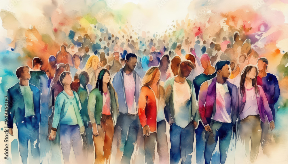 Obraz premium Diverse crowd of people, abstract art style, watercolor illustration