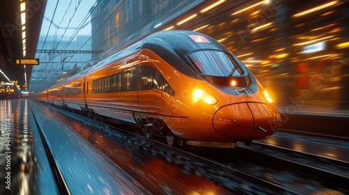 Orange High-Speed Train at a Night Station