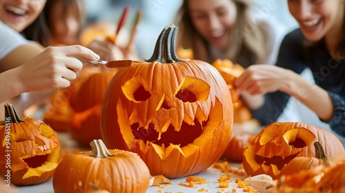 Friends laughing while carving detailed pumpkin designs at a brightly decorated table filled with carving tools and completed jack-o-lanterns photo