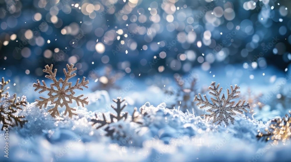 Glittering snowflakes falling gently over a festive scene, full empty copy space for text. Glittering snowflakes falling gently over a festive scene, full empty copy space for text.