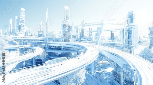 Futuristic Cityscape with Elevated Highways and Blue Sky
