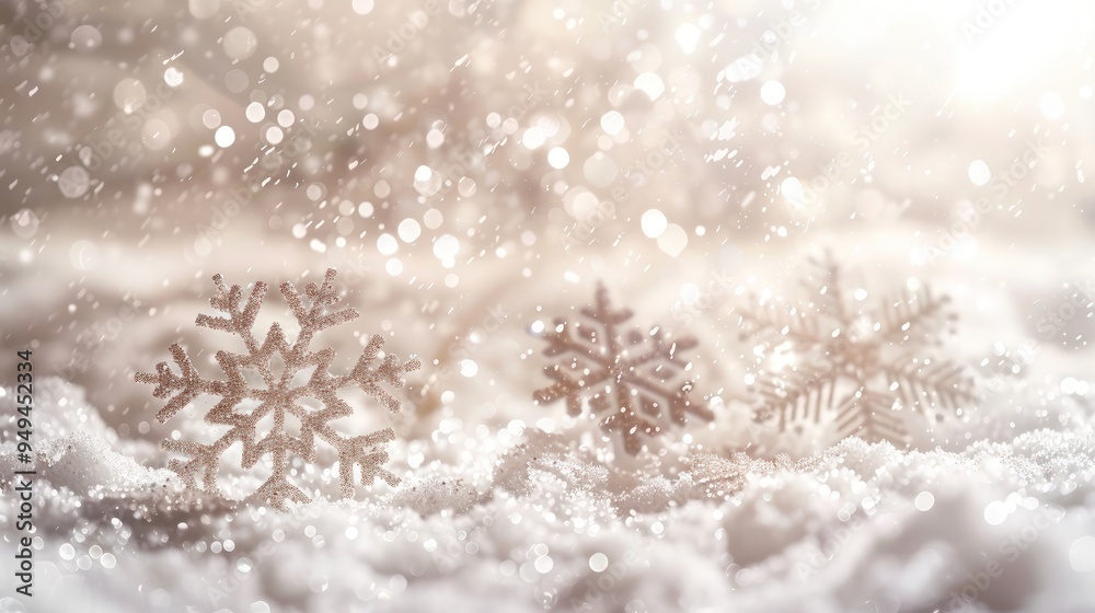 Glittering snowflakes falling gently over a festive scene, full empty copy space for text. Glittering snowflakes falling gently over a festive scene, full empty copy space for text.