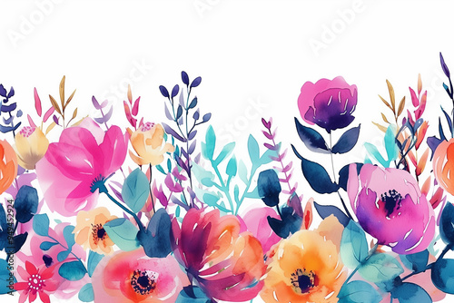 Watercolor floral composition with blooming flowers in bright colors. Colorful botany horizontal illustration. For design, poster, fabric, wallpaper, invitation, wedding and greeting cards


