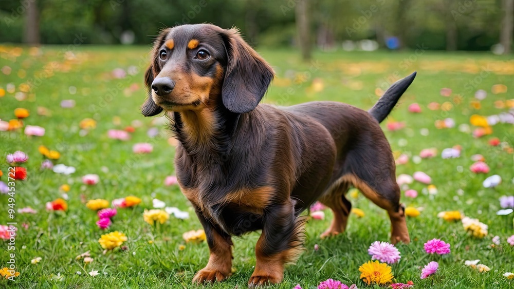 Chocolate and tan long haired dachshund dog in flower field Chocolate and tan long haired dachshund dog in flower field