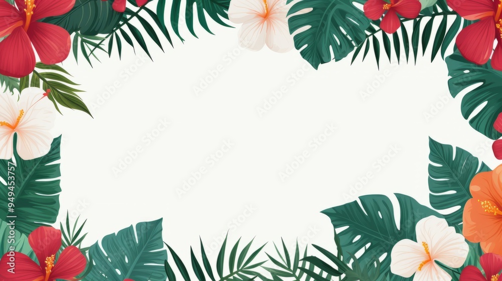 Lush tropical leaves and colorful flowers elegantly surround a blank central area, offering a perfect canvas for personalized text or creative designs, copy space