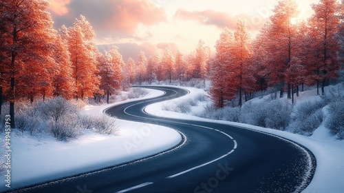 Snowy Forest Road at Sunset