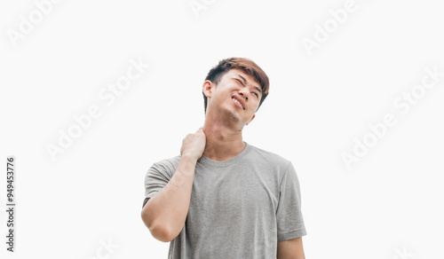 Muscle aches. Neck pain or office syndrome. Asian man using his hands to massage his neck due to aches and pains. Isolated on a grey background. Health care and medicine concept.