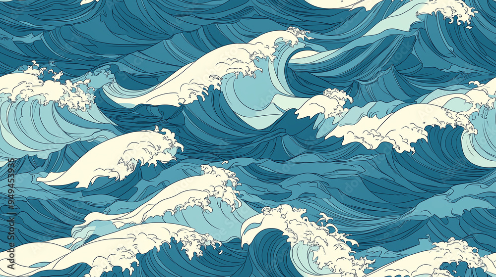 A seamless pattern of blue waves, a flat illustration technique with line art, wave background