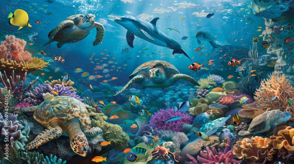 Fototapeta premium Colorful coral reef teeming with fish in a tropical ocean