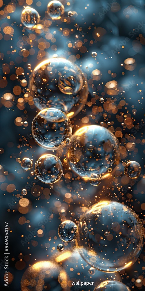 bubbles floating in the air, with dark black background and golden bubble bubbles floating in the air, with dark black background and golden bubble