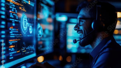 Call center agent smiling warmly as they assist a customer over the phone, with holographic tech support tools floating around, representing efficiency and customer care