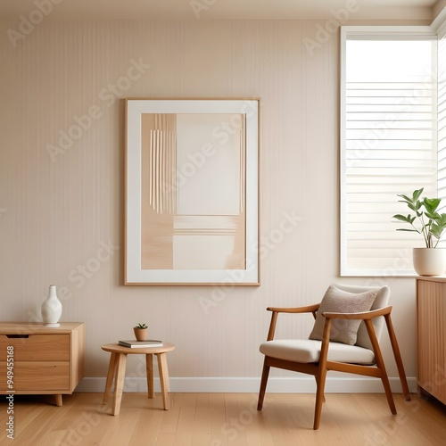 A minimalist living room with a large white framed wall art, a wooden chair, and a wooden cabinet against a beige wall with vertical lines 