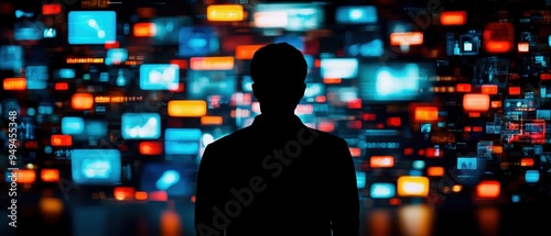 Silhouette of a person lost amidst a maze of digital screens, each displaying rapidly changing news and social media content, symbolizing disorientation in the digital age