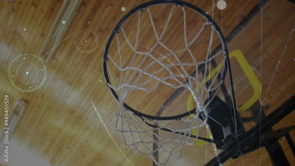 Basketball hoop with net and data processing animation over wooden background Basketball hoop with net and data processing animation over wooden background