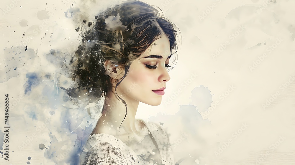 An artistic illustration of an elegant lady portrayed in watercolor, with soft, blended colors and loose brushstrokes capturing her delicate features and graceful posture. 8k UHD, suitable for An artistic illustration of an elegant lady portrayed in watercolor, with soft, blended colors and loose brushstrokes capturing her delicate features and graceful posture. 8k UHD, suitable for