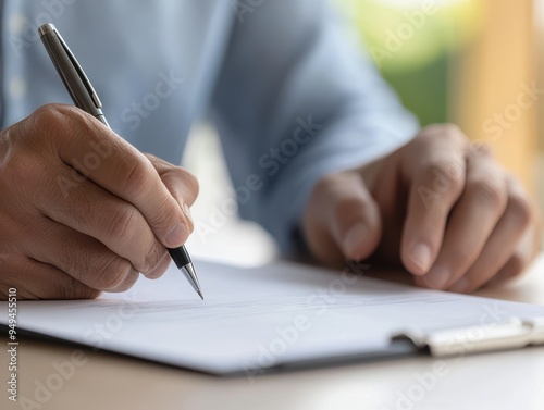 Close-up shot of a sales contract being signed at a car dealership. The moment of commitment as the buyer finalizes the purchase agreement with a pen in hand, representing a significant transaction.