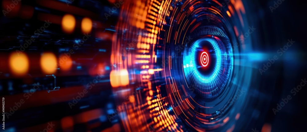 Futuristic abstract design of overlapping data layers, with encrypted patterns and a central eye symbolizing digital privacy and AI security Futuristic abstract design of overlapping data layers, with encrypted patterns and a central eye symbolizing digital privacy and AI security