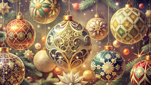 Luxurious Christmas ornaments, elegant and ornate, beautifully designed decorations hanging on pine branches