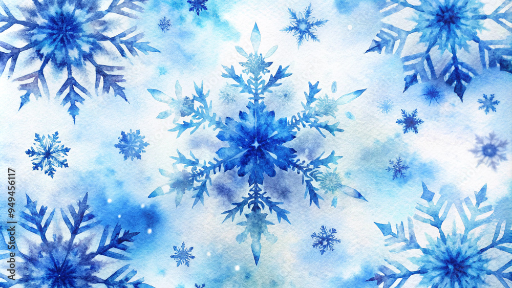 Delicate watercolor snowflakes, serene and cool, artistic blue patterns on a snowy background, winter background Delicate watercolor snowflakes, serene and cool, artistic blue patterns on a snowy background, winter background
