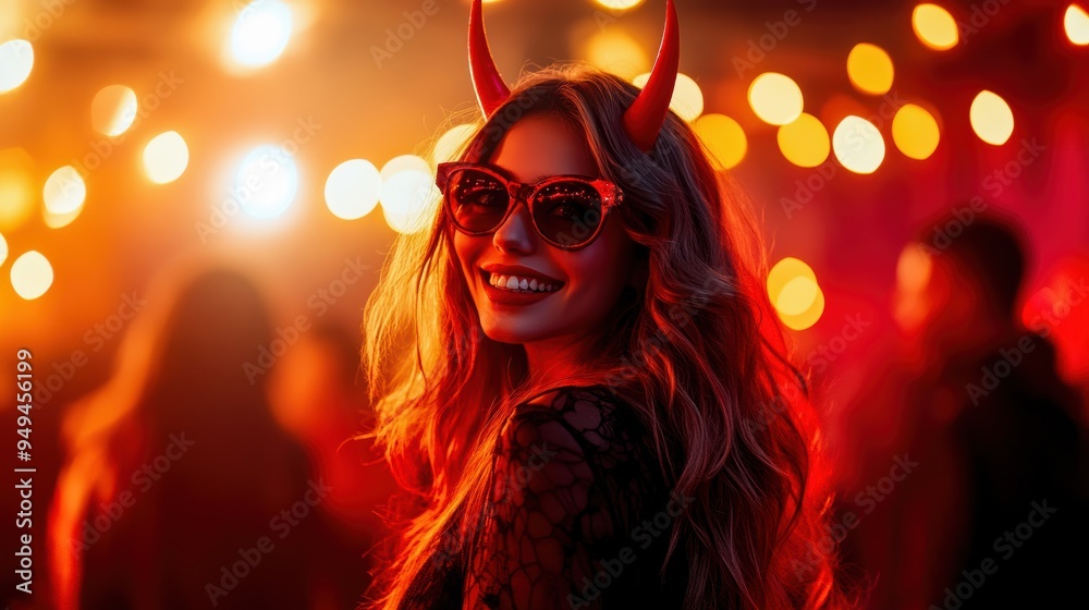 A charming young woman in a devil costume, with red horns and a wicked smile, standing out at the Halloween party A charming young woman in a devil costume, with red horns and a wicked smile, standing out at the Halloween party